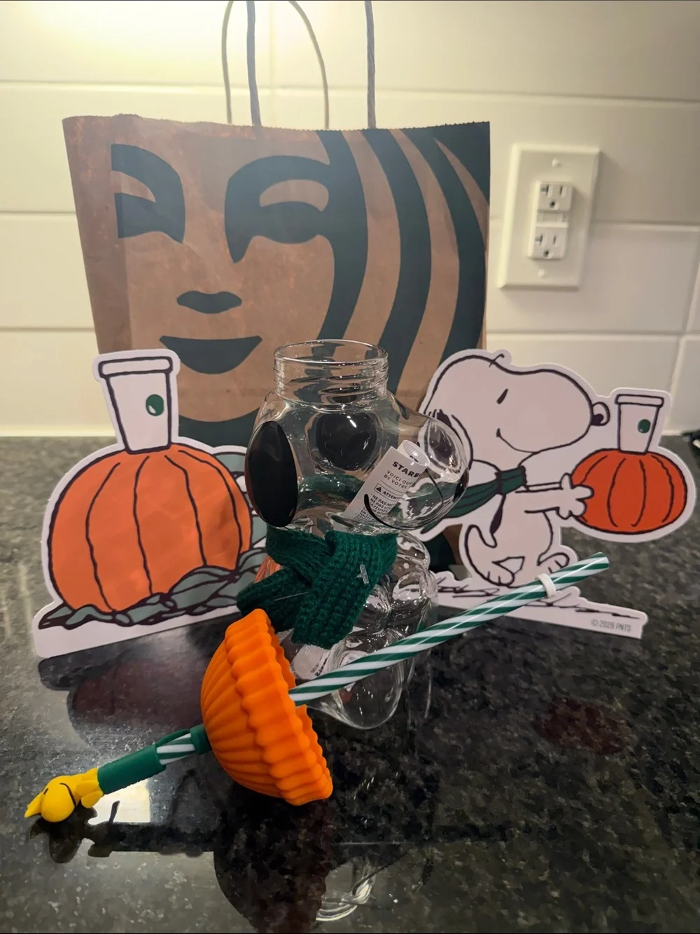 Starbucks Clear Snoopy Tumbler with Orange Lid & Green Straw